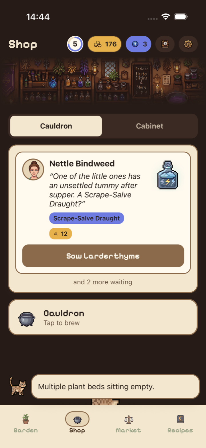 The Shop: a villager asks for a Scrape-Salve Draught while the cauldron waits