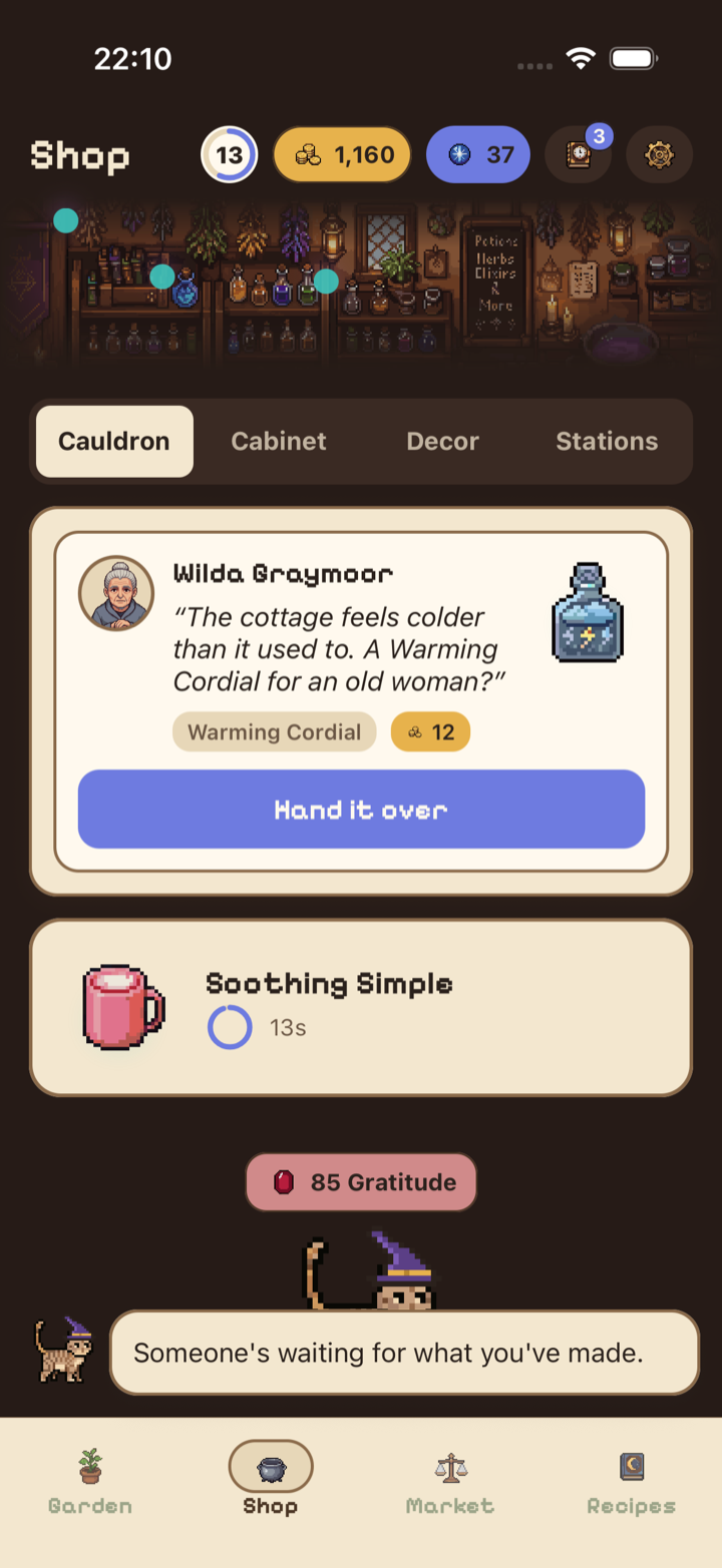 The Shop: a villager asks for a Warming Cordial while a Soothing Simple brews